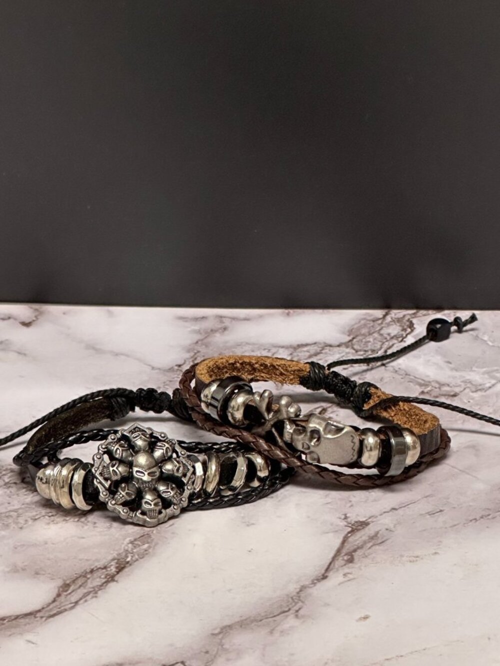 3/30 Men Skull Cross Bracelets Lot of 2 Leather Cord Metal Beads Adjustable